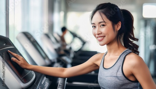 ランニングマシンで運動する若い女性(Young woman exercising on a treadmill) 