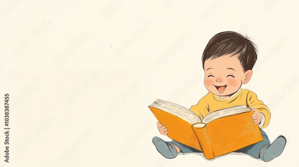 Children's book illustration, happy baby reading a book, minimalistic design, beige background, front view, horizontal Children's book illustration, happy baby reading a book, minimalistic design, beige background, front view, horizontal