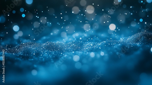 A bright blue light shining from a surface filled with swirling cosmic dust and sparkles.