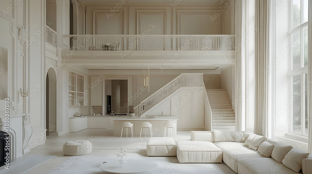 Modern White Interior with Large Windows and Staircase. Modern White Interior with Large Windows and Staircase.