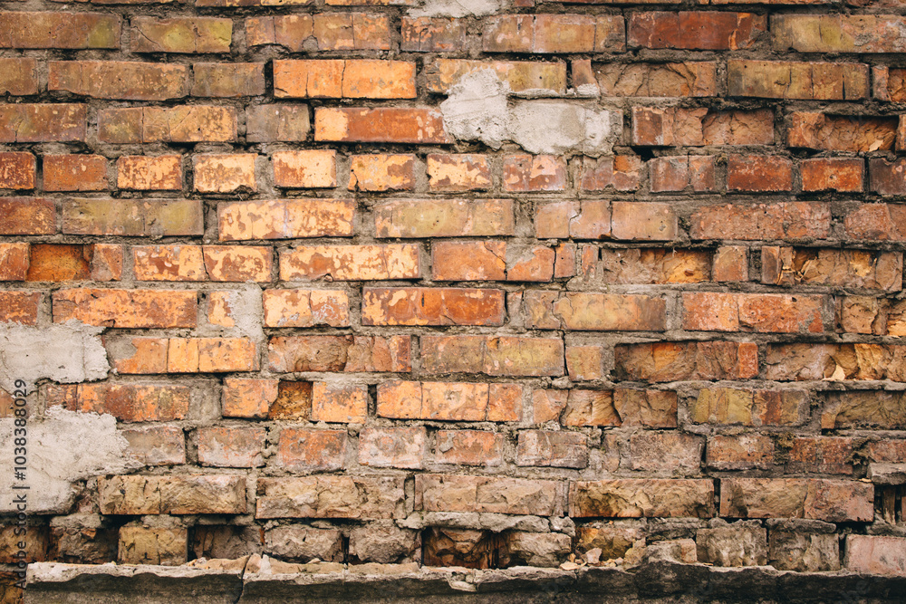Old grungy brick wall. Free space for an inscription. Can be used as a background or poster. Fragment of a wall with bumps and shabby plaster. Old grungy brick wall. Free space for an inscription. Can be used as a background or poster. Fragment of a wall with bumps and shabby plaster.