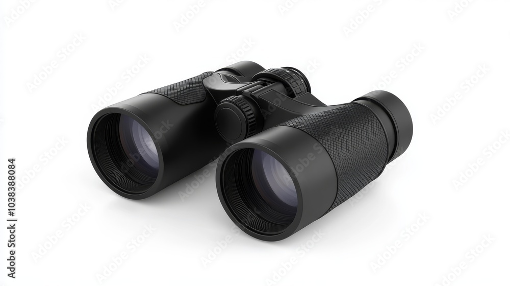 Hyper-Realistic Photography of Black Binoculars on a White Background Hyper-Realistic Photography of Black Binoculars on a White Background