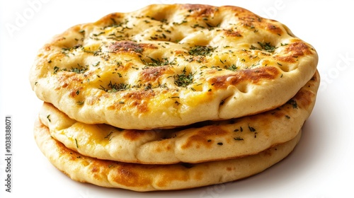 Isolated Stack of Golden-Brown Naan Breads with Cheese and Herbs on a White Background