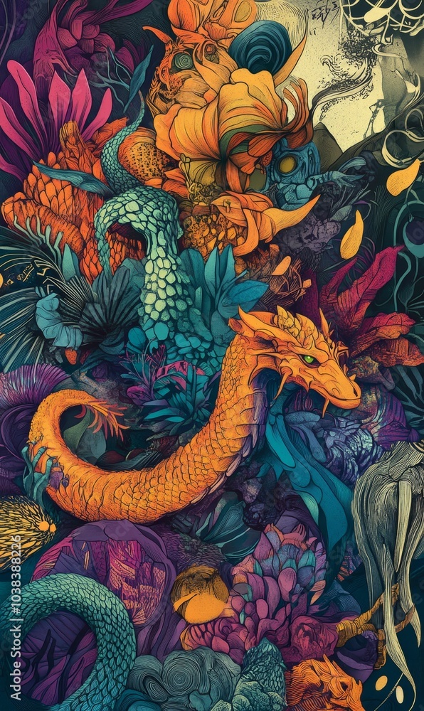 Fototapeta premium Abstract art with a dragon and floral designs.