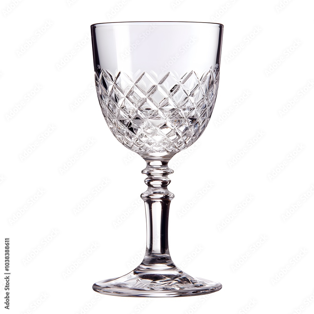 Elegant crystal wine glass with intricate cut design on white background Elegant crystal wine glass with intricate cut design on white background