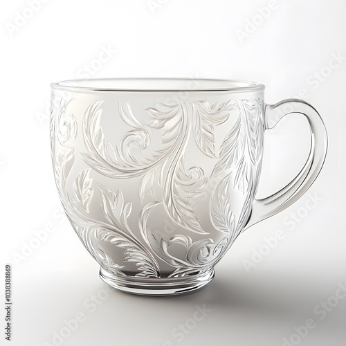 Elegant transparent teacup with intricate floral patterns and delicate handle design photo