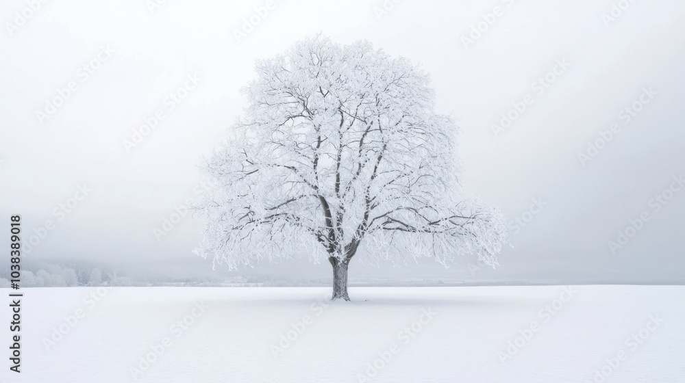 Solitary Tree in Frozen Tundra - A Captivating Winter Landscape with Heavy Frost on Lone Tree Branches Against Dramatic Sky Solitary Tree in Frozen Tundra - A Captivating Winter Landscape with Heavy Frost on Lone Tree Branches Against Dramatic Sky