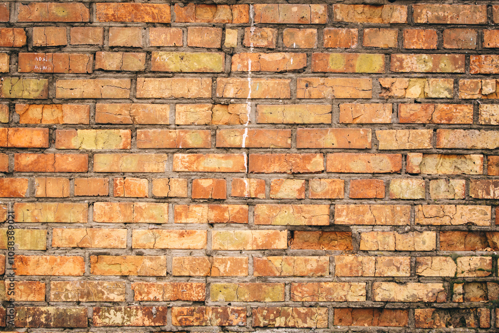 Naklejka premium Old grungy brick wall. Free space for an inscription. Can be used as a background or poster. Fragment of a wall with bumps and shabby plaster.