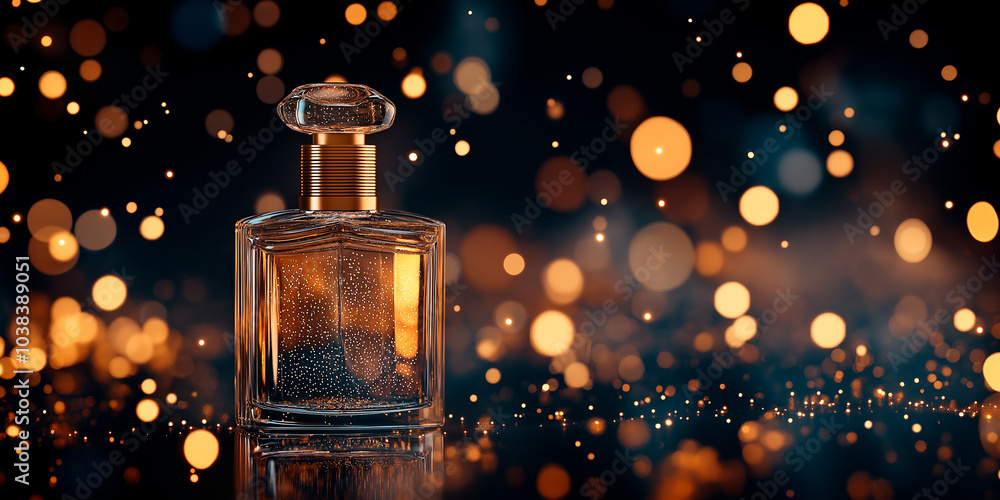 Beautif perfume bottle on striking, golden lights bokeh background with empty space. creating festive and luxury style. gift for holiday, celebration, for scents and cosmetic product presentation. Beautif perfume bottle on striking, golden lights bokeh background with empty space. creating festive and luxury style. gift for holiday, celebration, for scents and cosmetic product presentation.