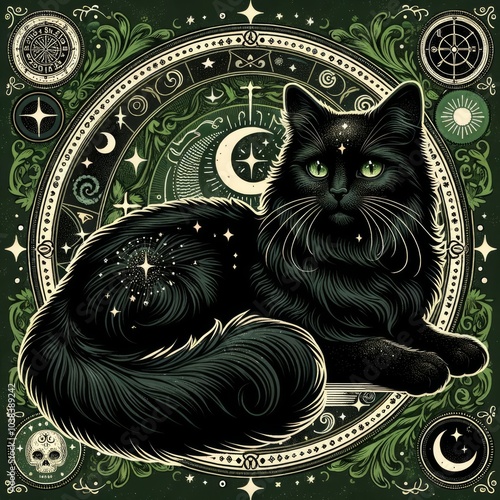 Halloween Black Cat Mascot Illustration. Happy Holiday Party Decoration Art. Black Witch Cat Animal Character Artwork. 