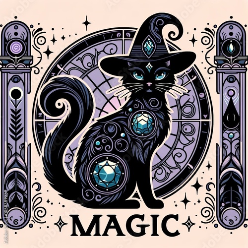 Halloween Black Cat Mascot Illustration. Happy Holiday Party Decoration Art. Black Witch Cat Animal Character Artwork. 