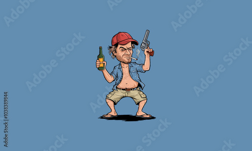 Reckless man holding a bottle and a revolver illustration.