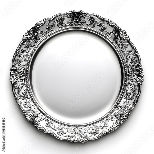 Elegant ornate silver plate with intricate baroque design on white background