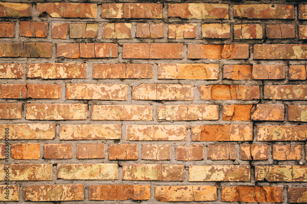 Obraz premium Old grungy brick wall. Free space for an inscription. Can be used as a background or poster. Fragment of a wall with bumps and shabby plaster.