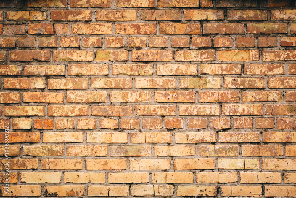 Obraz premium Old grungy brick wall. Free space for an inscription. Can be used as a background or poster. Fragment of a wall with bumps and shabby plaster.