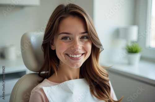 A woman is joyfully smiling while comfortably sitting in a dental chair, feeling relaxed and happy during her dental visit for treatment Free Download A woman is joyfully smiling while comfortably sitting in a dental chair, feeling relaxed and happy during her dental visit for treatment - GFXLoad