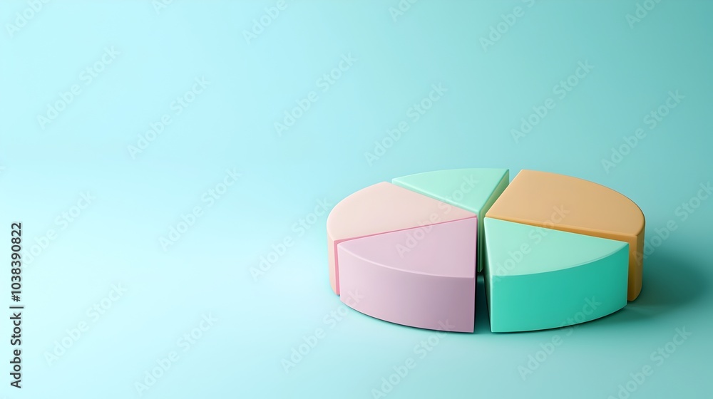 Pastel Colored 3D Pie Chart on Soft Blue Background for Data Presentation Pastel Colored 3D Pie Chart on Soft Blue Background for Data Presentation