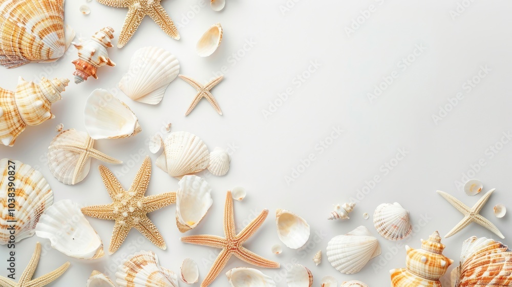A collection of seashells and starfish on a white background A collection of seashells and starfish on a white background