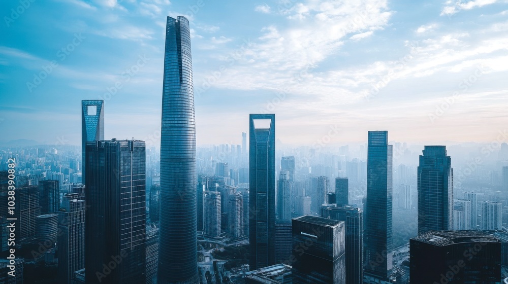 Fototapeta premium Modern City Skyline with Skyscrapers and Blue Sky