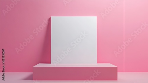 A white square blank canvas on a pink platform against a pink wall  perfect for showcasing product displays and branding.