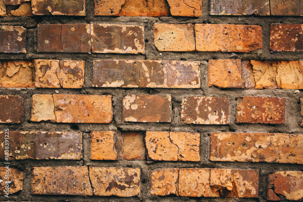 Non-linear pattern of an old shabby brick wall with natural patterns of paint chips. Restoration of semi-antique brick walls. A basic neutral background for a design project. Non-linear pattern of an old shabby brick wall with natural patterns of paint chips. Restoration of semi-antique brick walls. A basic neutral background for a design project.