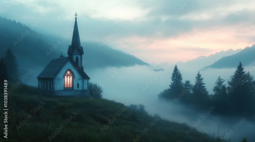 Mysterious old church shrouded in fog on a serene hillside during twilight hours Mysterious old church shrouded in fog on a serene hillside during twilight hours