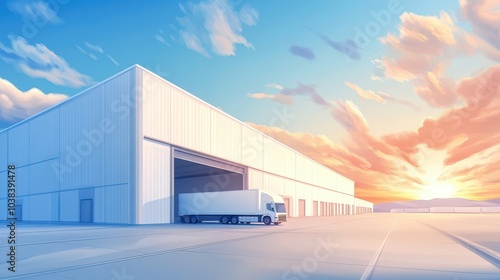 A large white building with a large white truck parked in front of it