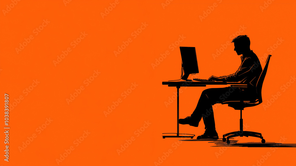A bold silhouette illustration of a man sitting at a desk with a computer, shown in solid black against a vibrant orange background. A bold silhouette illustration of a man sitting at a desk with a computer, shown in solid black against a vibrant orange background.