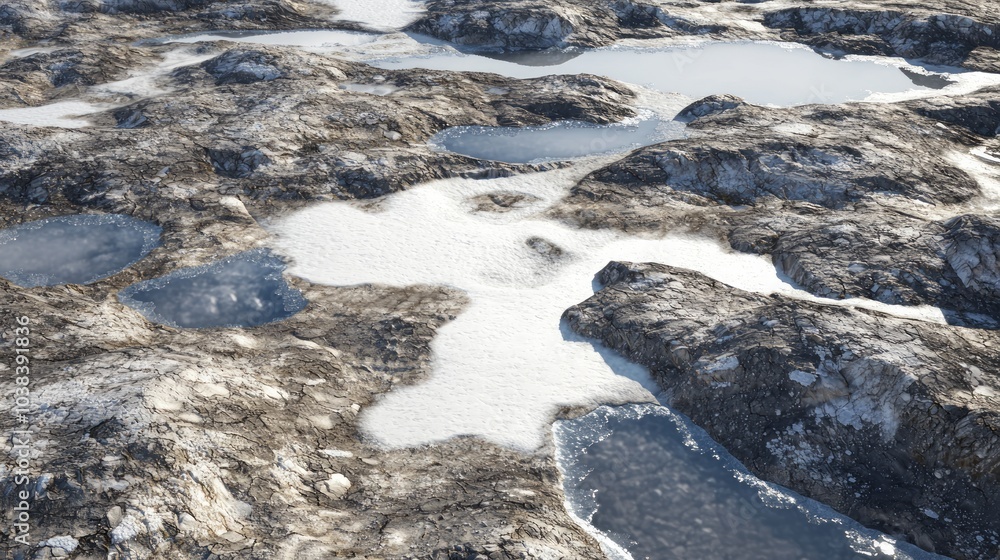 Fototapeta premium Majestic Aerial View of Arctic Tundra in Ice Age Environment with Snowy Patches, Rocky Terrain, and Frozen Lakes - Ultra-Detailed Landscape Photography