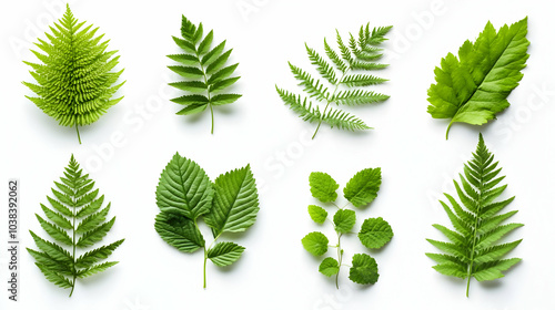 Green leaves on white background.