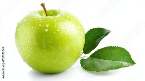 a fresh green apple with a shiny surface, accompanied by a vibrant green leaf, skillfully isolated on a white background, symbolizing health and vitality in a clean, modern style