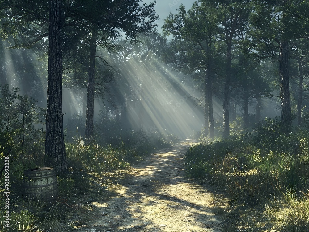 Obraz premium A serene forest path bathed in soft sunlight, showcasing lush greenery and misty air, evoking a tranquil and peaceful atmosphere.