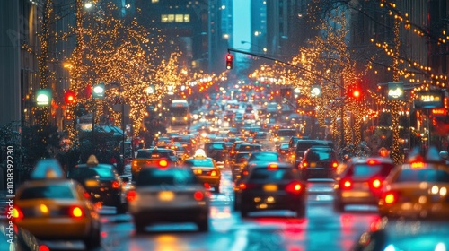 City street filled with traffic and holiday lights during Christmas. Festive spirit. photo