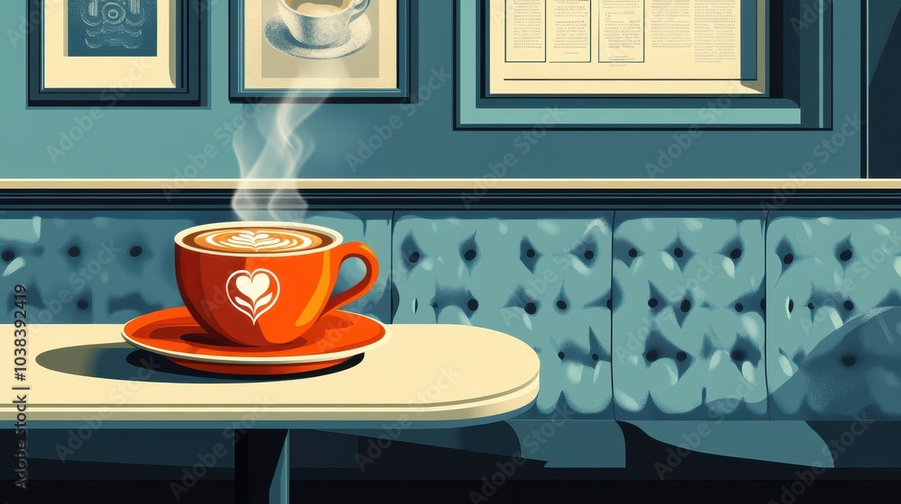 Obraz premium Stylized of a steaming cup of coffee with latte art in a cozy cafÃ© setting.