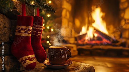 Wallpaper Mural A cozy winter setup with festive socks hanging from a stone fireplace, a steaming mug of cocoa, and flames glowing warmly in the background. Torontodigital.ca