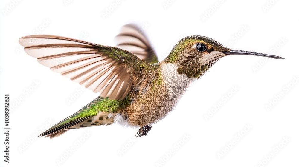 Fototapeta premium a mesmerizing portrait of a hummingbird in mid-flight, captured against a bright white background, showcasing its vibrant plumage and delicate features, emphasizing the grace and beauty of nature