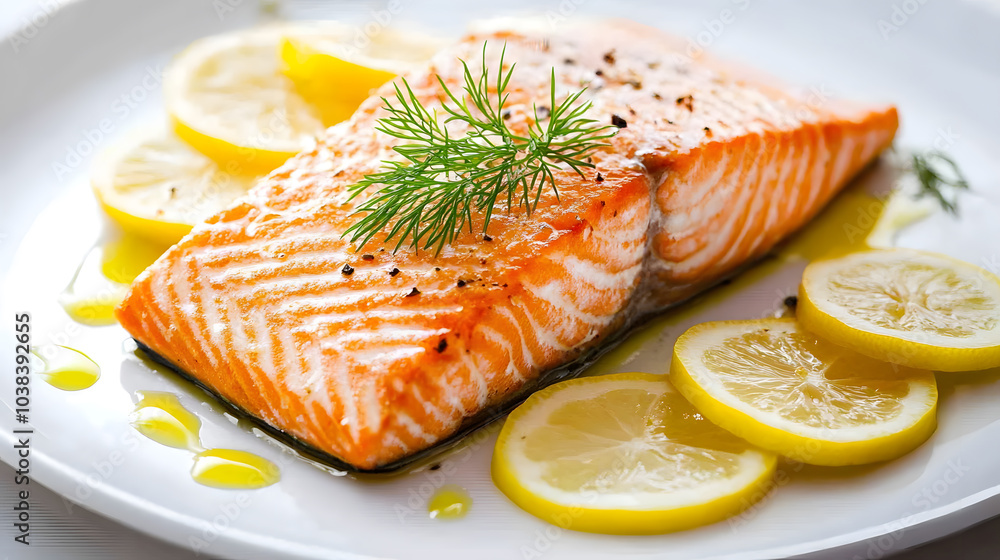 A pan-seared salmon fillet served with lemon wedges and fresh dill. A pan-seared salmon fillet served with lemon wedges and fresh dill.