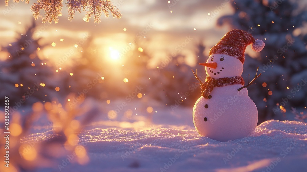 Obraz premium Snowman in snowy landscape radiating warmth and cheer. Festive season.