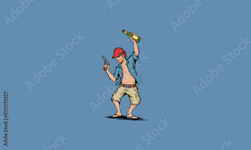 Reckless man holding a bottle and a revolver illustration.