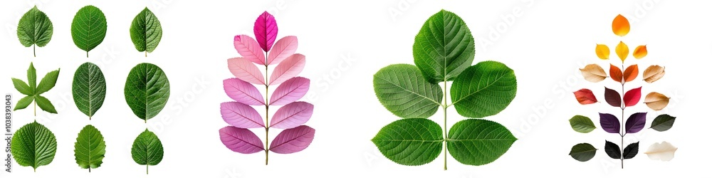 Obraz premium Collection of diverse leaves arranged in distinct patterns on a white isolated background.