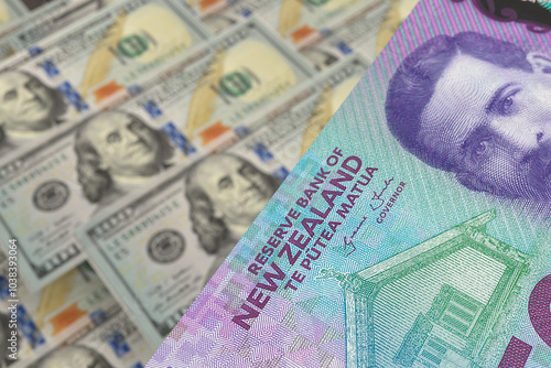 New Zealand Dollar and US Dollar Banknotes. Cash. Financial Concept