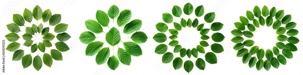 Collection of green leaves arranged in circular patterns on a white isolated background. Collection of green leaves arranged in circular patterns on a white isolated background.