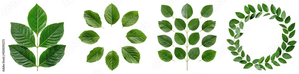 Naklejka premium Collection of green leaves in various arrangements, isolated on a white background.