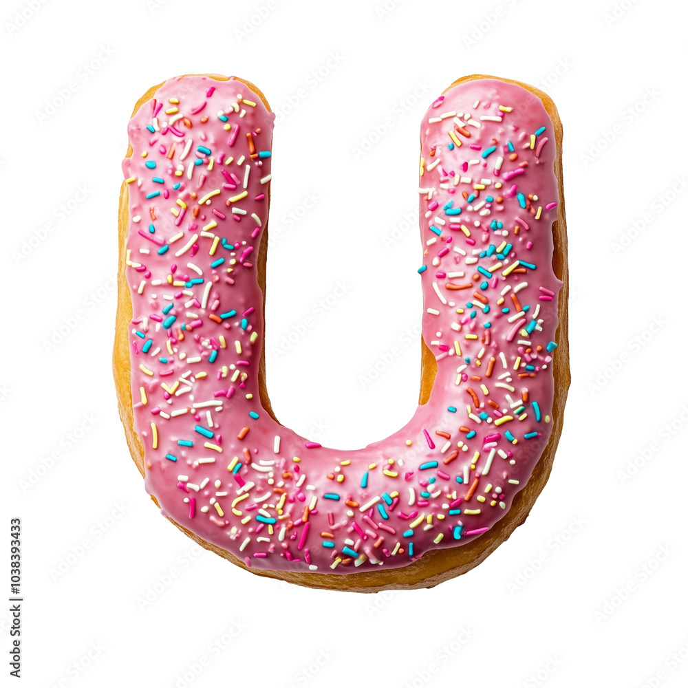 Letter U Doughnut with Pink Icing and Sprinkles Isolated on Transparent Background Letter U Doughnut with Pink Icing and Sprinkles Isolated on Transparent Background