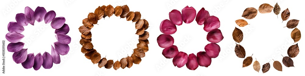 Colorful circular arrangements of dried petals on a white background, perfect for decorative elements. Colorful circular arrangements of dried petals on a white background, perfect for decorative elements.
