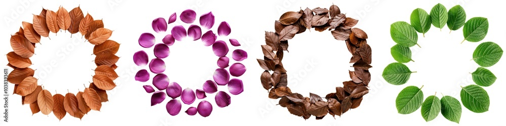 Colorful circular arrangements of leaves and petals on a white background. Colorful circular arrangements of leaves and petals on a white background.