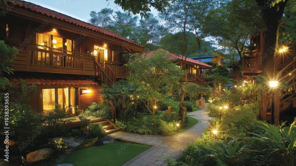 Serene Evening Residence Surrounded by Lush Greenery Serene Evening Residence Surrounded by Lush Greenery