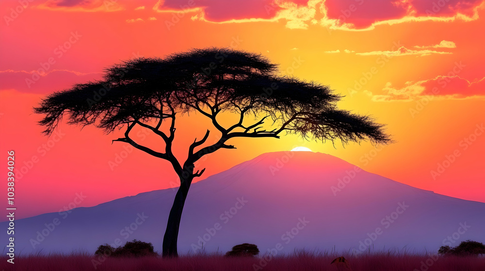 Silhouette of a Tree at Sunset Over Mountains. Silhouette of a Tree at Sunset Over Mountains.