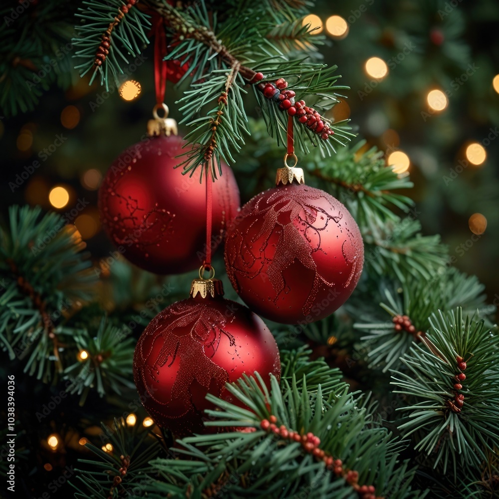 Three red Christmas ornaments with a snowflake pattern hang from a green pine tree branch with warm fairy lights in the background.