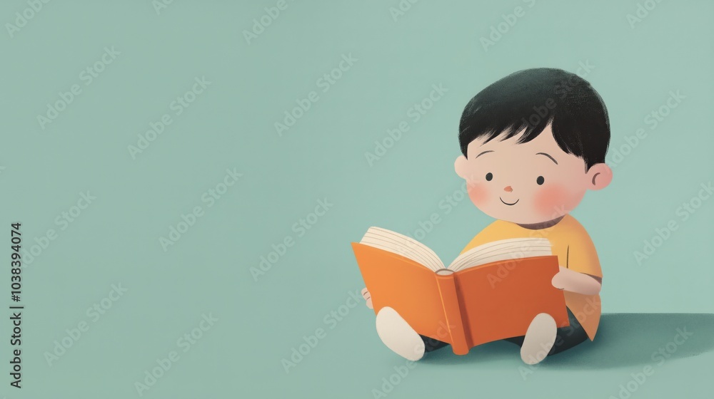 Children's book illustration, happy baby reading a book, minimalistic design, light blue background, front view, horizontal Children's book illustration, happy baby reading a book, minimalistic design, light blue background, front view, horizontal